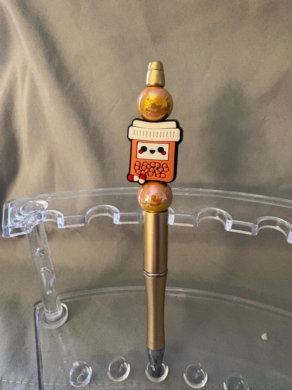 Gold Bubble Prescription Bottle Charm Pen with Orange Beads